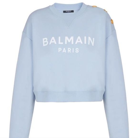 Balmain 3 Gold Button Logo Text Cropped Sweatshirt Size L Blue - Picture 5 of 14